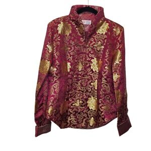 Asian Style Pink Gold Floral Brocade Jacket‎ Mandarin Collar Frog Closures M